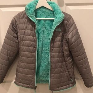 Reversible blue fuzzy north face jacket